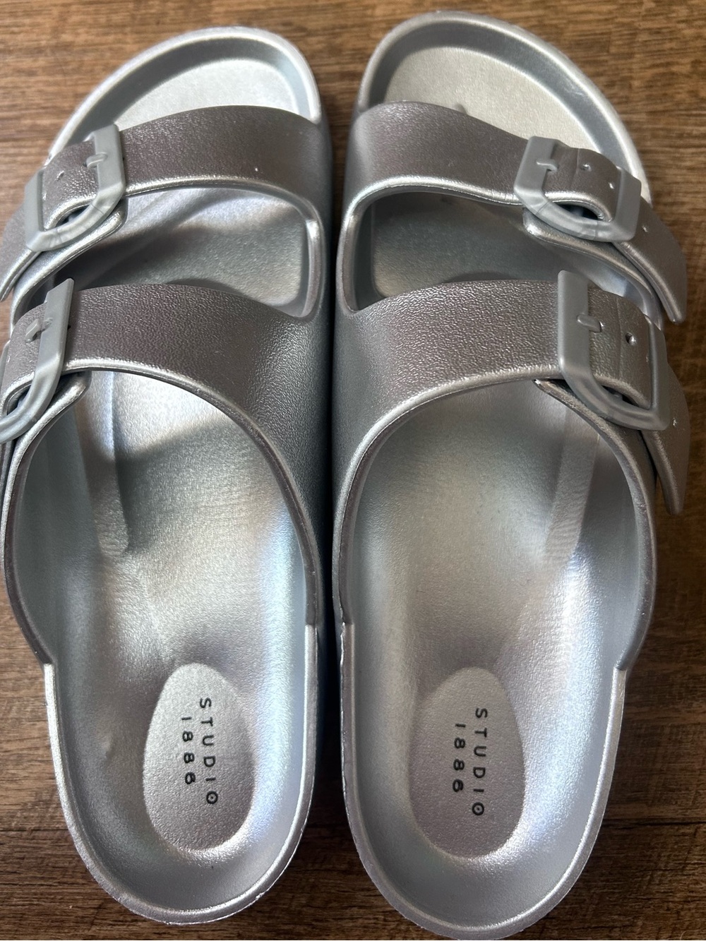 Metallic Silver Double-Buckle Slide Sandals - Women PVA 8 8.5 9 Wide Adjustable
